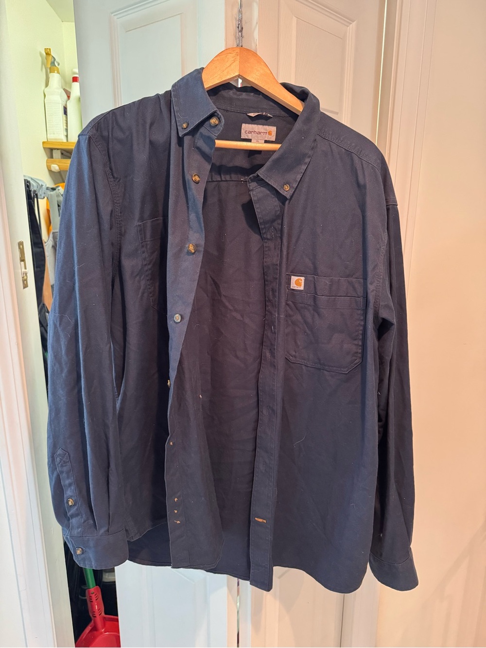 Carhartt Navy Relaxed-Fit Work Shirt with Orange Logo